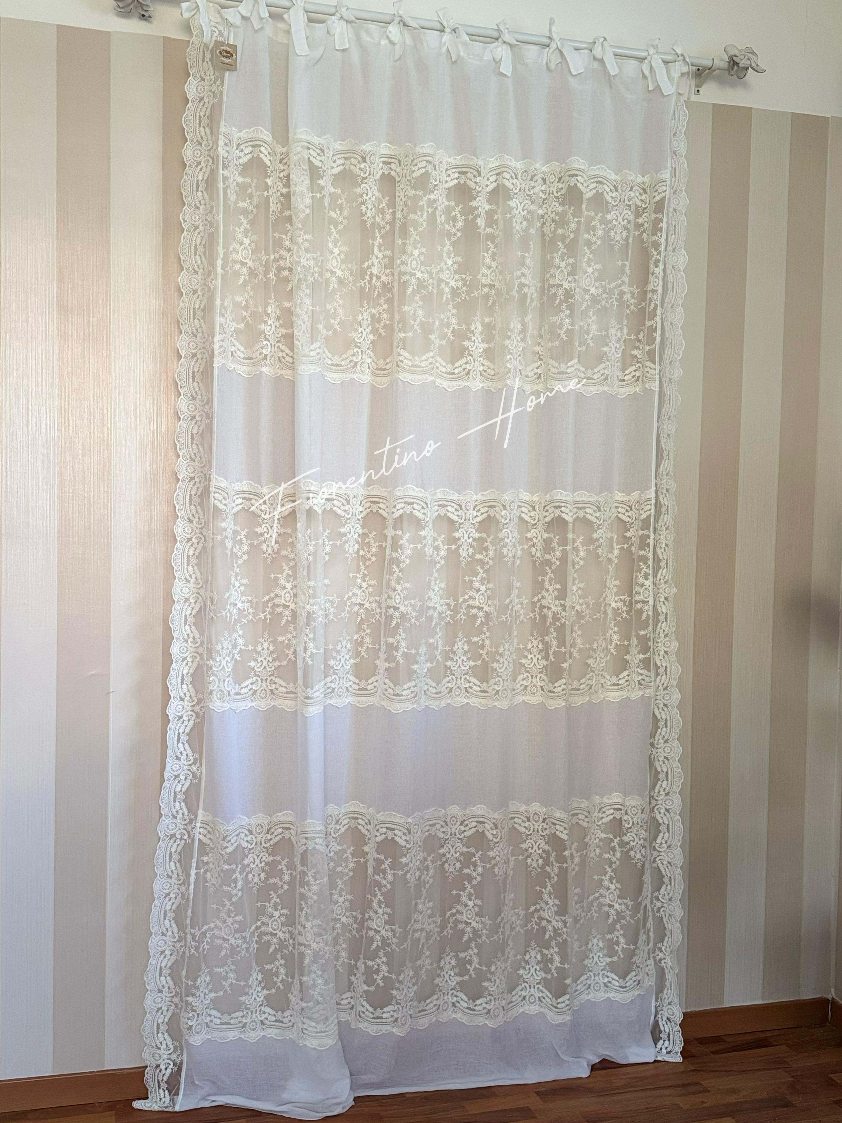 Tenda mod.Rococo orizzontale in pizzo e cotone bianco naturale - 220x300 cm - Charme Home Textile